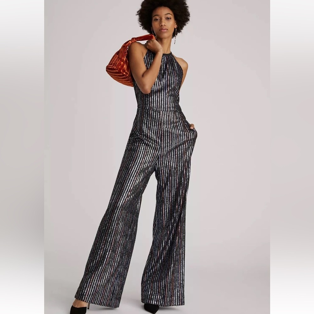 NWT Maeve Anthropologie Disco Striped Metallic Jumpsuit